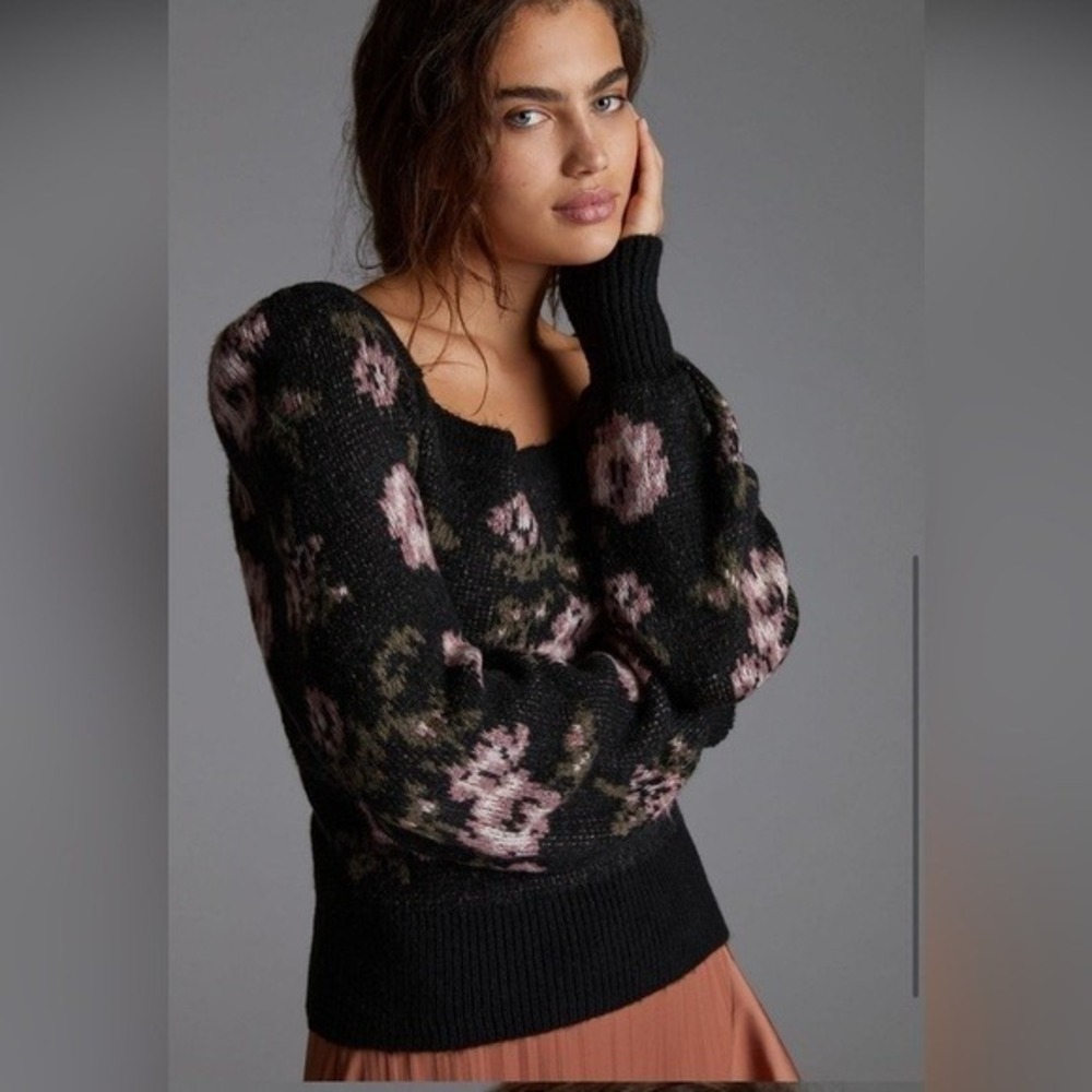 Anthropologie Puff Sleeve Sweater Black Floral Square Neck‎ Medium